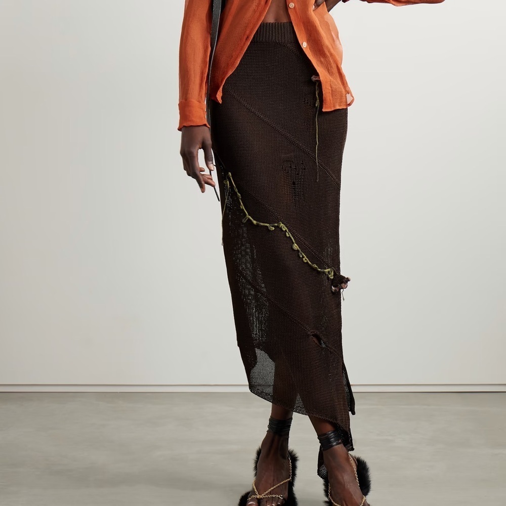 ACNE STUDIOS Keelah Asymmetric Distressed Appliquéd Knitted Midi Skirt - Size XS